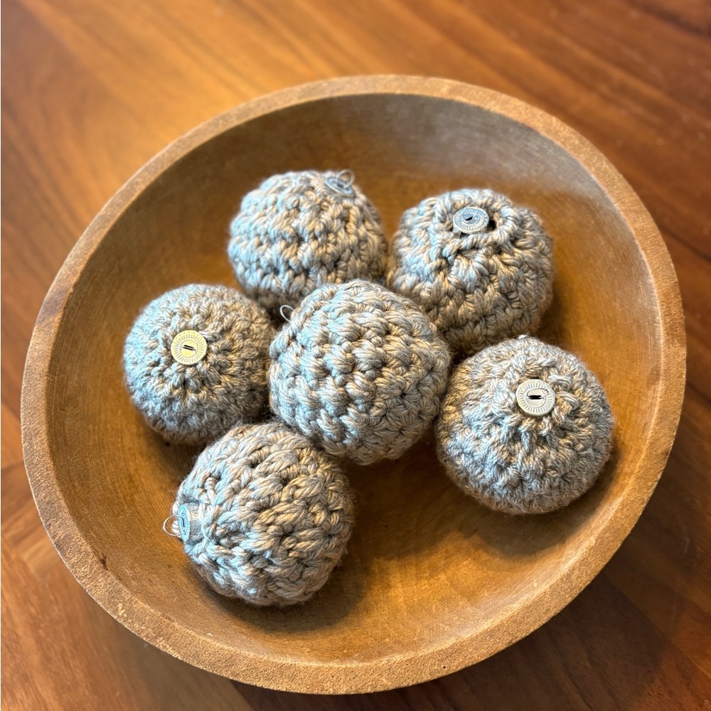 Handcrafted Gray Wool Balls in Wooden Bowl